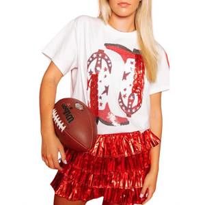 NEW QUEEN OF SPARKLES fringe boot tee top in red & white